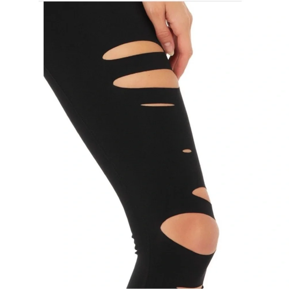 ALO YOGA WARRIOR HIGH RISE WAIST EDGY GOTH BLACK RIPPED SLASHES LEGGINGS S